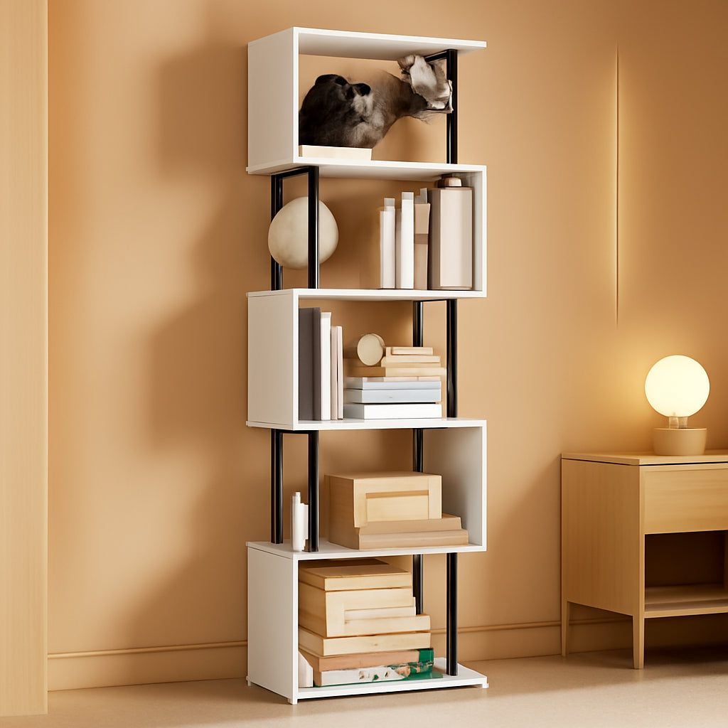 Five Tier Bookshelf White Bookcase Living Room Furniture